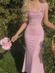 Skyraze Women's Elegant Sparkly Pink Ruched Bust Mermaid Long Dress,Summer Holiday Vacation Beachwear,Spring Birthday Party Outfit,Festival Picnic Date Wear - Pink - View 1