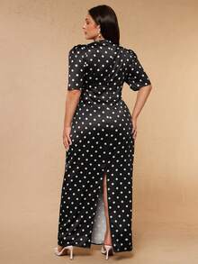SHEIN BAE CURVE 大尺碼女款黑色圓點短袖洋裝，優雅性感洋裝 - 黑色 - 查看 7