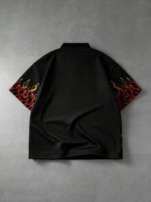 ROMWE MEN 男士火焰印花短袖 Polo 衫 - 黑色 - 查看 2
