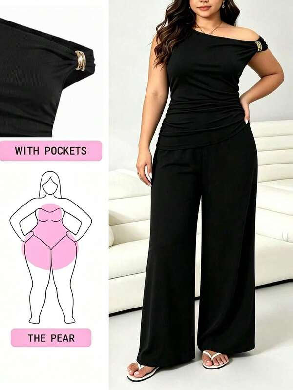 Elenzga Conjunto de 2 piezas para mujer talla grande de top sin mangas de punto regular de verano casual cómodo con hombro asimétrico y decoración de botón metálico y pantalones largos en color verde oliva