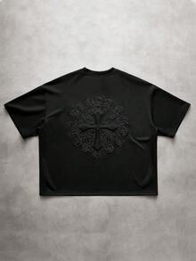 PAVTROS 男士標準版型 3D十字紋短袖圓領T恤，休閒街頭風，純色 - 黑色 - 查看 5