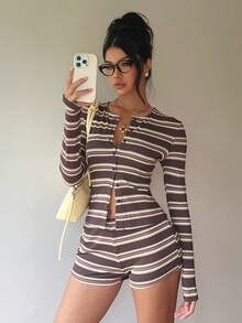 Aloruh Brown Striped Long Sleeve Top And Shorts Set, Casual Retro Vintage 70s 2000s Two Pieces Outfit For Spring And Autumn Everyday - Brown - View 6