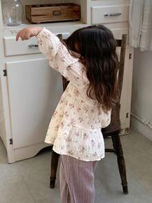 DAZY Baby Girl Round Neck All-Over Floral Print Long Sleeve Top Toddler Fall - Beige - View 2