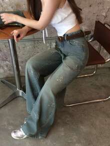 DAZY Women's Loose Washed Star Sequin Korean Style Versatile Jeans Cute Tops - Blue - View 6
