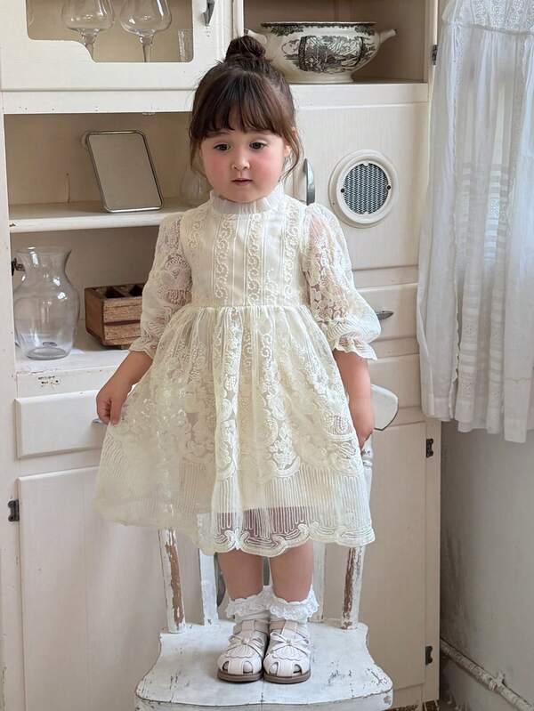 DAZY Baby Girl Spring/Autumn French Luxury Chic Embroidered Long Sleeve Water-Soluble Lace Dress