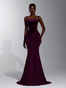 Elitara Elegantes minimalistisches Mode-Abendkleid für Damen in Dunkellila, elastisches Mesh, Neckholder, Samt, figurbetont, plissiert, lang, formell - Bordeaux - Übersicht 7