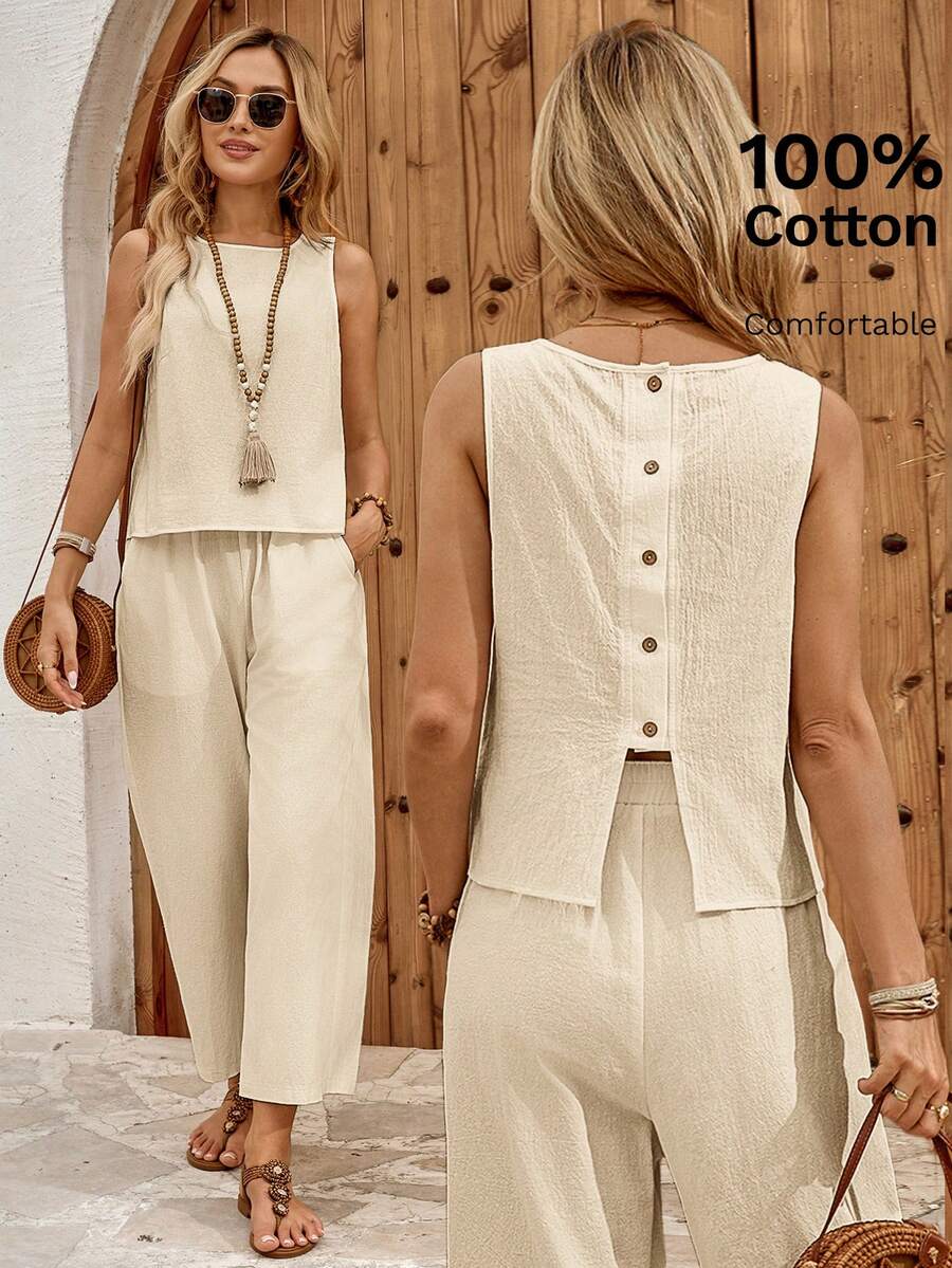 EMERY ROSE Women's Solid Color Sleeveless Blouse With Single-Row Back Button Design And Pants Casual 2-Piece Set Vacation Orange Summer - Camel - View 1