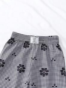 SHEIN 女童長褲 黑白格紋印花刺繡下擺 時尚百搭 適合日常穿著、居家、外出與聚會 - 黑色 - 查看 6