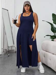 Shapeblank Casual Plus Size Knitted Navy Blue Scoop Neck Short Dress With Split Thigh Design - Navy Blue - View 4