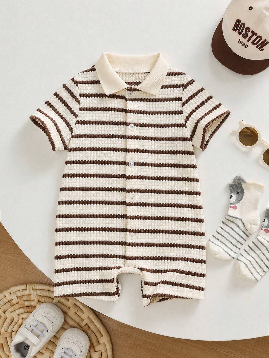 SHEIN Unisex Newborn Baby Boy/Girl Spring/Summer Casual Cute Striped Short Sleeve Romper, Baby Boy Outfit Sets, Baby Boy Summer Clothes, Baby Rompers - Multicolor - View 1