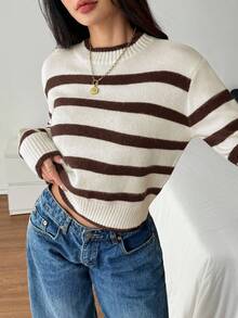 SHEIN PETITE 女款立領黑白條紋長袖極簡毛衣，休閒日常穿著，小碼版型，適合秋冬 - 棕色 - 查看 7