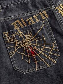 ROMWE MEN Men's Loose Fit Spider Embroidered Denim Shorts - Grey - View 4