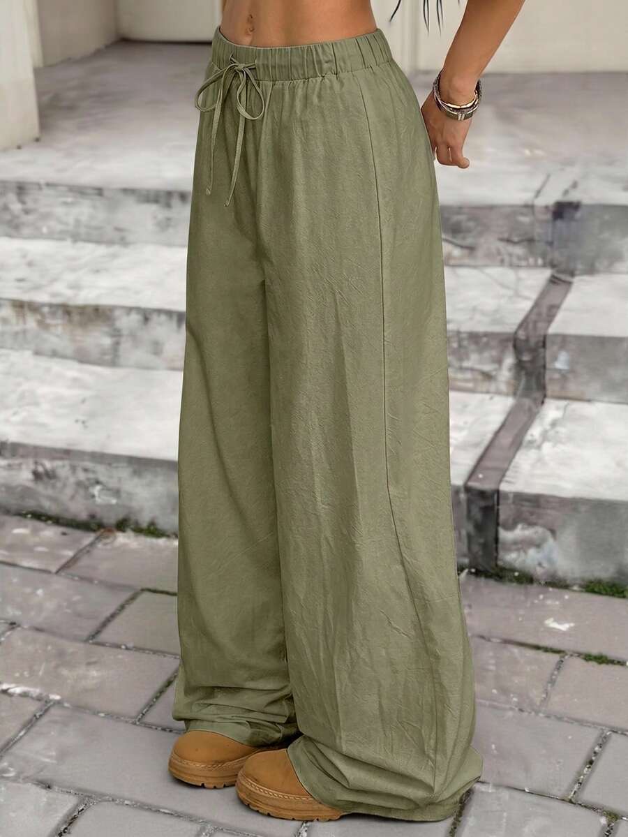SHEIN Pantalones largos de unicolor con cintura con cordón, casuales y versátiles para uso diario para adolescentes - Verde militar - Ver 1