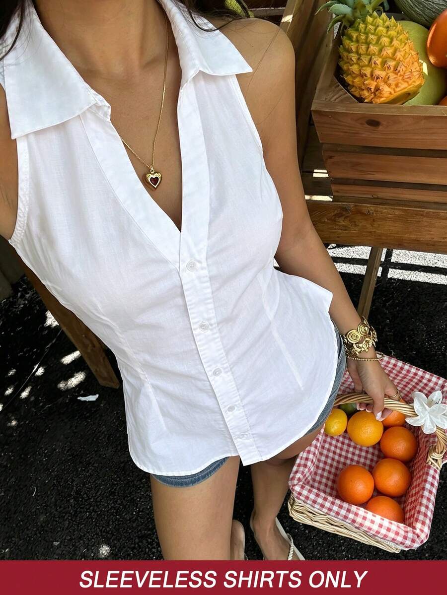 Resyla 女款夏季休閒純色無袖上衣 - 白色 - 查看 1