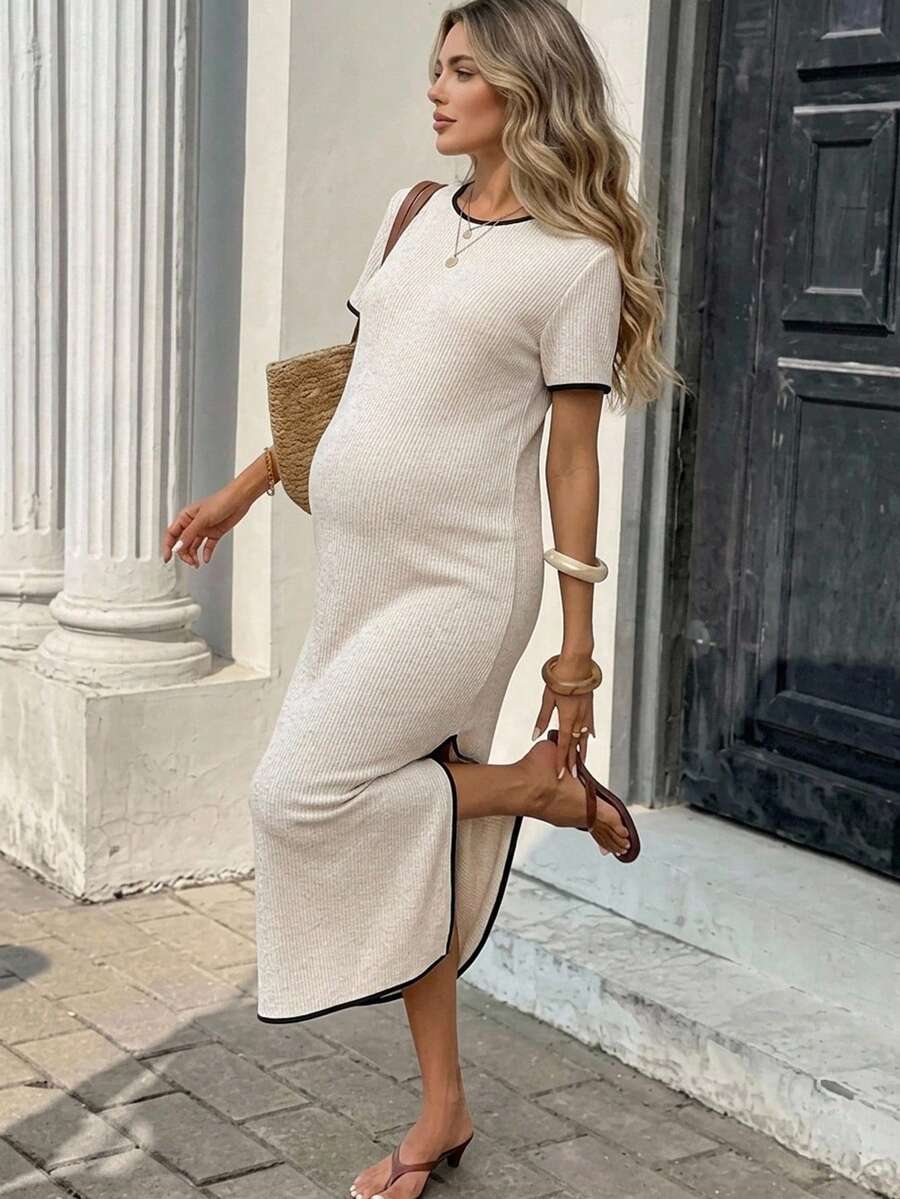 SHEIN Maternity Spring Summer Contrast Trim Split Dress Suitable For Beach Photoshoot Holiday Vacation Birthday Party Baby Shower Garden Street Casual Chic - Khaki - View 1