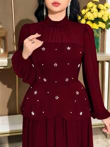 Modelyn Plus Size Women's Spring/Autumn Formal Elegant Stand Collar Lantern Sleeve Faux Pearl Decor Peplum Waist Pleated Hem Dress Evening Wedding Burgundy - Burgundy - View 6