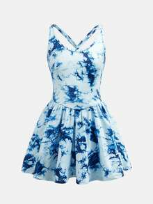 Tween Girls' Blue Tie-Dye Print Knit Camisole Jumpsuit, Sports Dress With Shorts, Pockets, Casual & Fashionable Sportswear - Blue - View 6