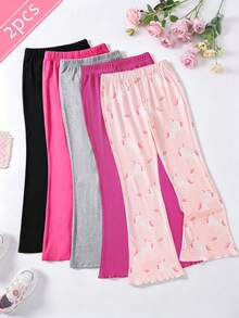 Girls' 2 Pieces Knit Slim Fit All-Match Casual Versatile Spring/Summer Unicorn Print Rose Red Leggings, Wearable All Year Round - Multicolor - View 1