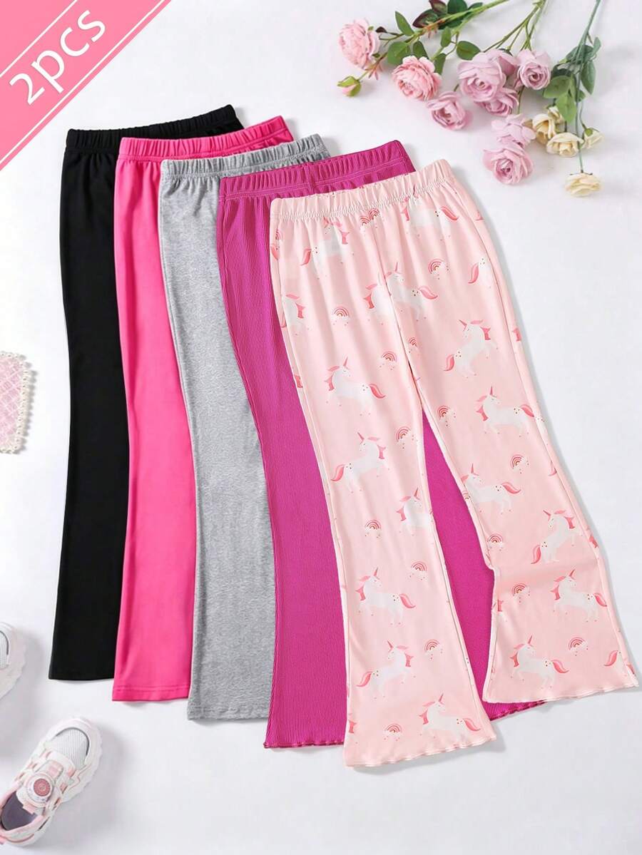 Girls' 2 Pieces Knit Slim Fit All-Match Casual Versatile Spring/Summer Unicorn Print Rose Red Leggings, Wearable All Year Round - Multicolor - View 1