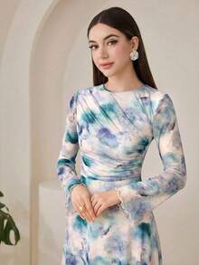 Veilorie 女款紮染圓領長袖百褶優雅長洋裝 - 藍色 - 查看 4