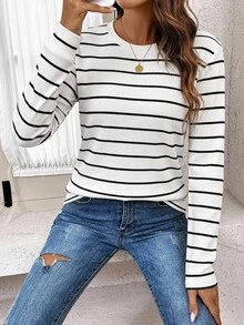 SHEIN LUNE Sudadera acanalada negra & blanca para mujer, versátil para primavera & otoño - Multicolor - Ver 5