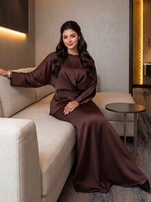 Auveirra 2026秋冬大码女装套装，优雅交叉前襟长袖上衣搭配直筒长裙两件套，适合乡村音乐会、婚礼宾客、约会之夜、正式场合、派对等，性感修身，通勤穿着也十分舒适。 - 棕色 - 查看 3