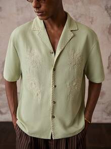 Vientiro Men Summer Retro Coconut Embroidery Floral Pattern Short Sleeve Shirt - Mint Green - View 8