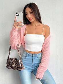 SHEIN PETITE 女款休閒百搭純色短版開襟衫 - 淺粉色 - 查看 2