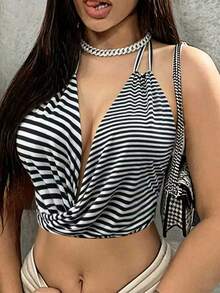 BamGleam Striped Spaghetti Strap Camisole Tank Top, Twisted Knot Design Cropped Top - Black and White - View 3