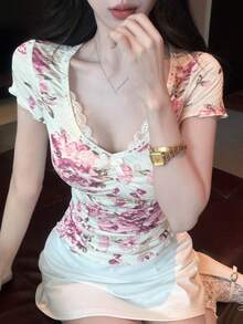 Joudiya 夏季歐美風修身顯瘦印花蕾絲上衣 極簡性感圓領百搭紫色女款T恤圖案短袖衫 - 紫色 - 查看 8