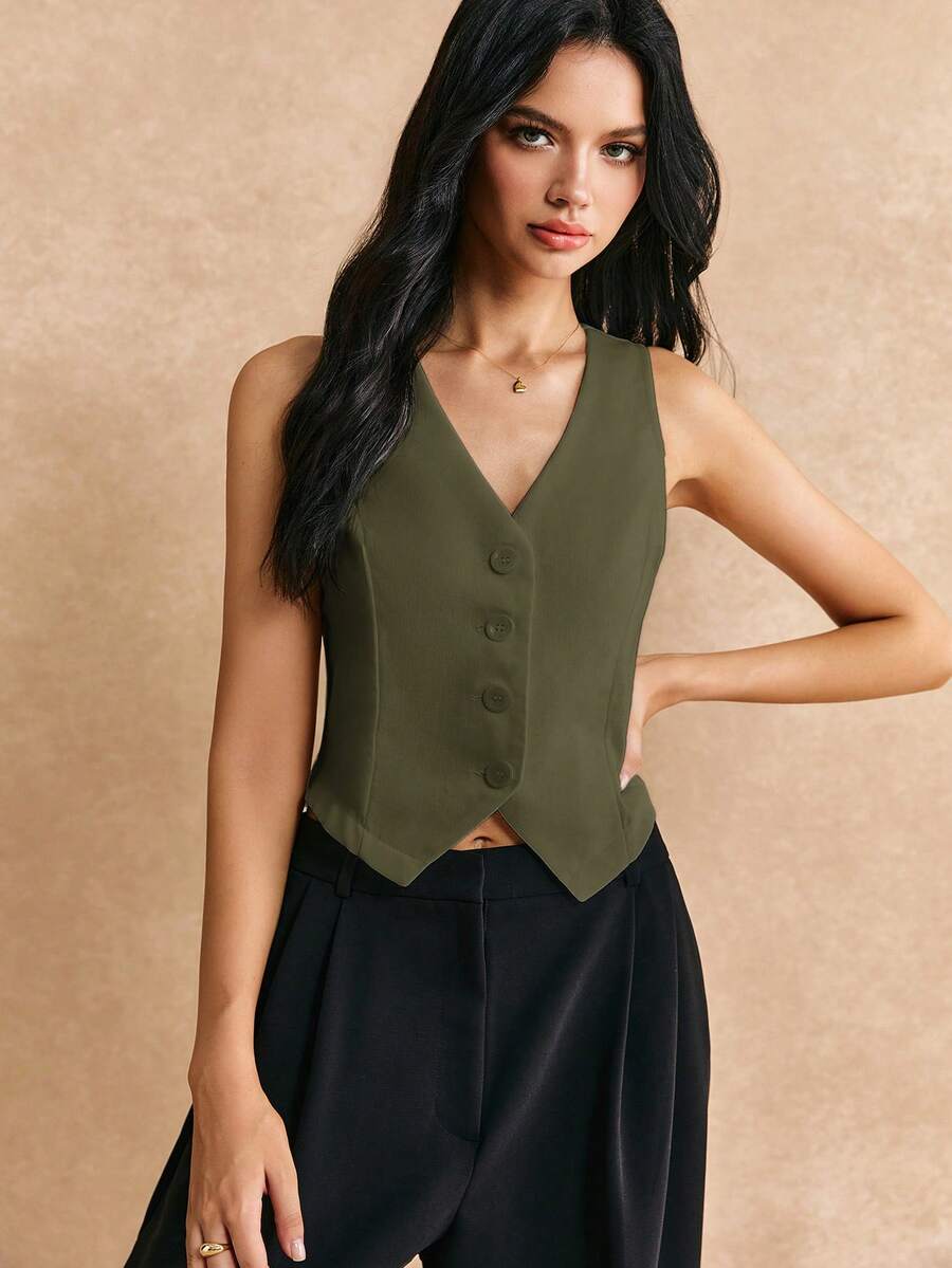 Poéselle Casual Chic Solid Color Minimalist Draped V-Neck Sleeveless Blazer With Decorative Button Details Teachers' Day Business Office Olive Green Summer - Green - View 1