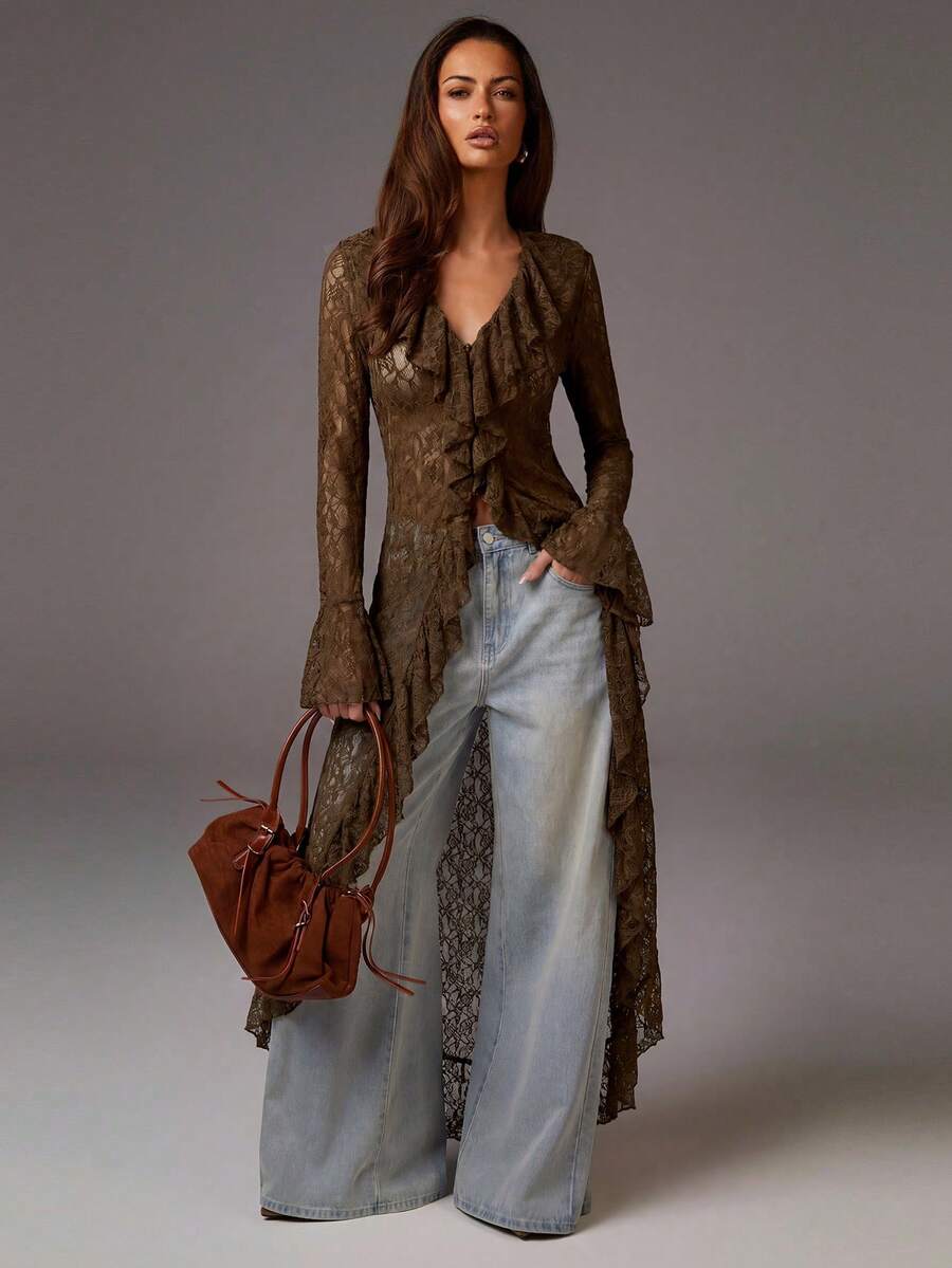 Athîral Women's Elegant Solid Color Lace Ruffle Long Dress - Coffee - View 1
