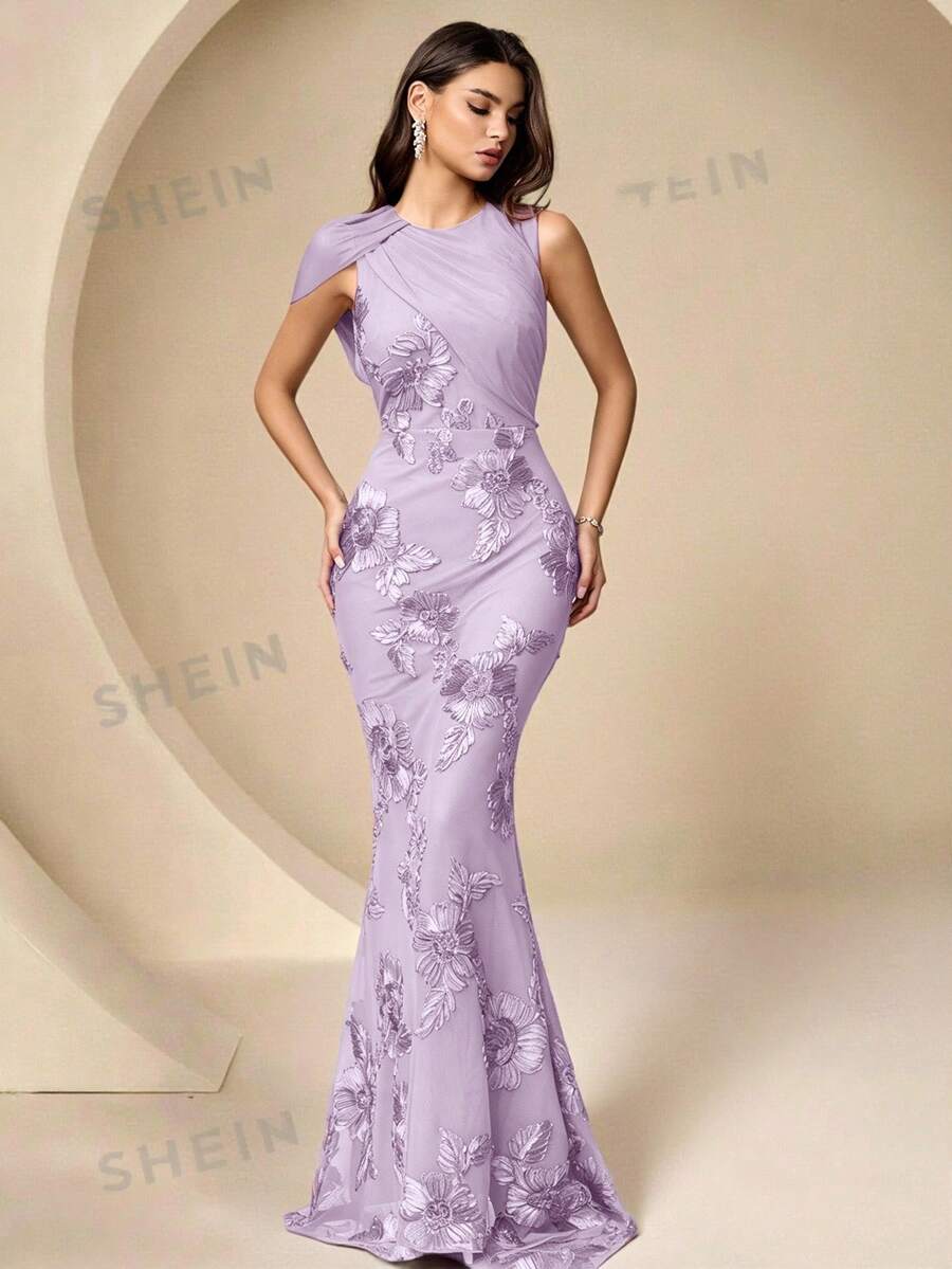 Coutiva 女款花卉刺繡魚尾正式晚禮服(重工款) - 淡紫色 - 查看 1