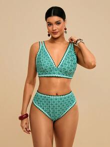 Travachic Plus Size Women Fuchsia Floral Print Swimwear Set - Green - View 4