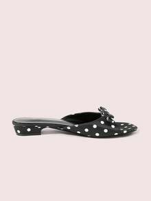 CUCCOO DOLLMOD Women's Shoes, Black And White Polka Dot Bow Decorative Square Toe Flat Sandals, Casual Satin Open-Toed Slippers, Suitable For Daily Wear - Black - View 6