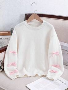 SHEIN 女童秋冬時尚簡約可愛露肩蝴蝶結裝飾長袖套頭上衣 告別白 - 彩色 - 查看 8