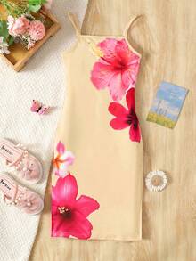 SHEIN 少女夏季海灘度假修身休閒簡約舒適花卉印花細肩帶洋裝，柔軟舒適，適合音樂節 - 黃色 - 查看 2