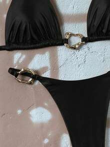Swim Vcay 女款新款時尚掛脖細肩帶露背金屬飾邊性感三角比基尼套裝 - 黑色 - 查看 5