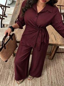 Weeklong Damen Große Größen Frühling/Herbst Lässig Hemd mit Revers, geraffter Taille und lockeren Hosen 2-teiliges Set, geeignet für Alltag und Büro - Bordeaux - Übersicht 4