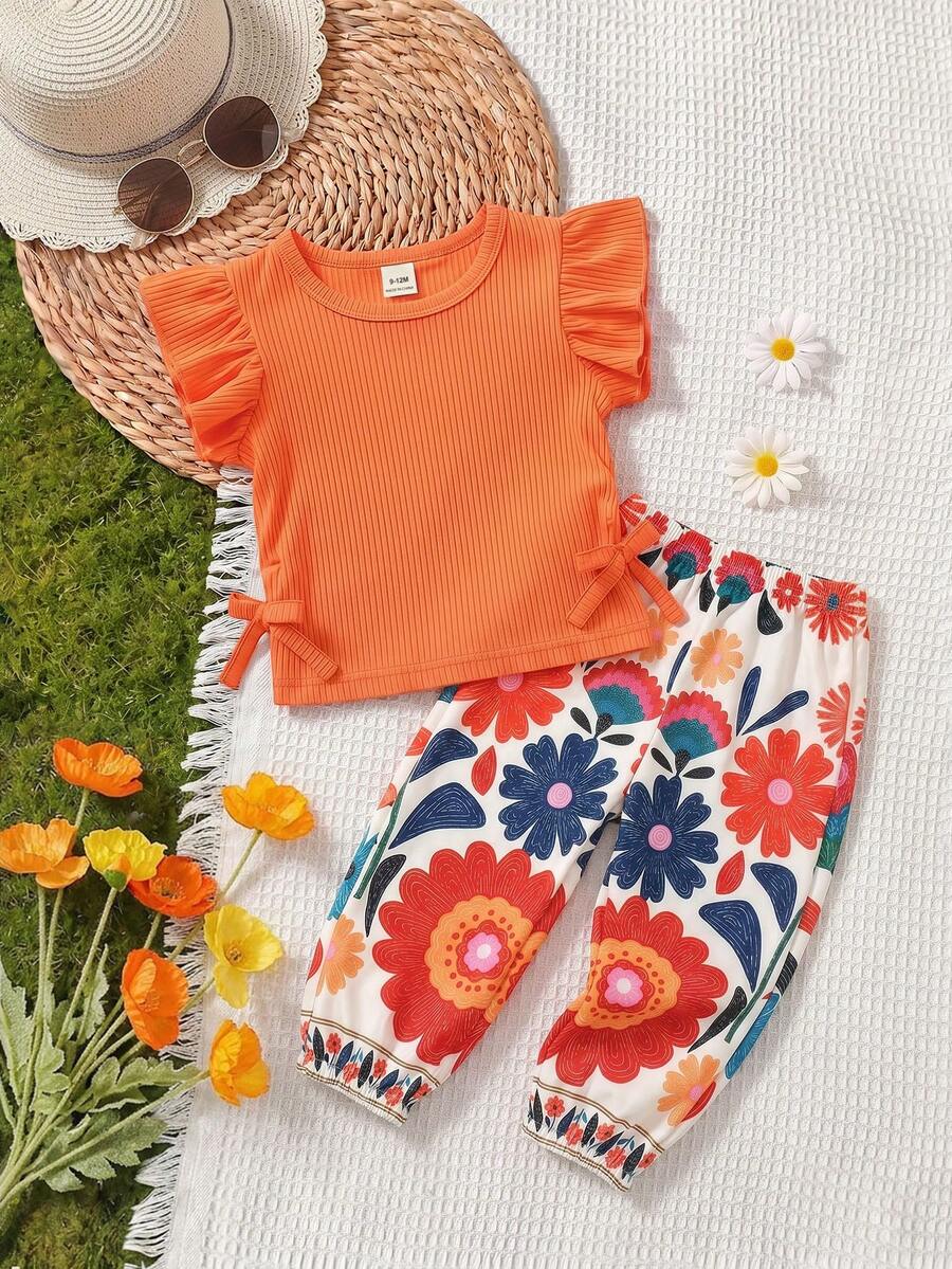 SHEIN Vintaside Kids 2件組女嬰針織羅紋布料短袖圓領T恤與彩色花卉鬆緊腰收口長褲套裝,春夏田園風彩色花卉元素,休閒派對度假穿著,田園風 - 彩色 - 查看 1