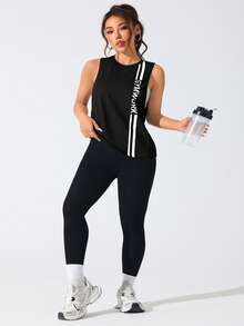 SHEIN Rhythm Era Damen Große Größen Sport Yoga Outdoor Fitness Tanktop Ärmellos T-Shirt 2 Stücke Set mit Brust einseitig Doppelstreifen Buchstaben Muster Basic minimalistischer Stil - Verschiedenfarbig - Übersicht 7