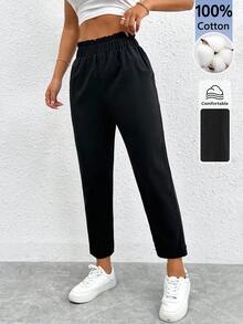 SHEIN PETITE 純色荷葉邊飾彈性腰短版褲，小碼女款 - 黑色 - 查看 3