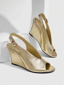 CUCCOO SZL 女款時尚優雅楔形粗跟高跟涼鞋，圓頭露趾後扣帶slingback，適合春夏秋季 - 淺金色 - 查看 1