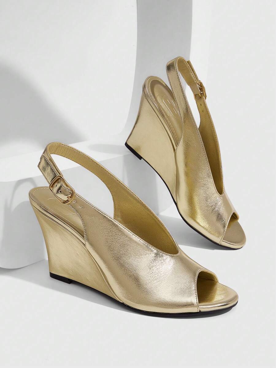 CUCCOO SZL 女款時尚優雅楔形粗跟高跟涼鞋,圓頭露趾後扣帶slingback,適合春夏秋季 - 淺金色 - 查看 1