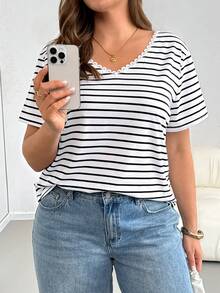 Shapeblank Plus-Size Women's Summer Elegant Smart Casual Black And White Striped Hollow-Out Embroidered Short-Sleeved T-Shirt,Everyday Loose Fit Vacation Tops - Black and White - View 4