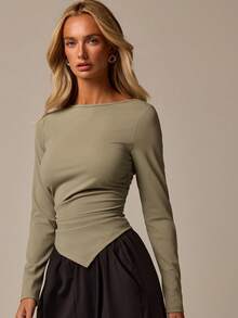 COSMINA Women's Solid Color Round Neck Long Sleeve Asymmetrical Hem Fitted Casual Elegant T-Shirt Date Office Sage Green Autumn - Army Green - View 1