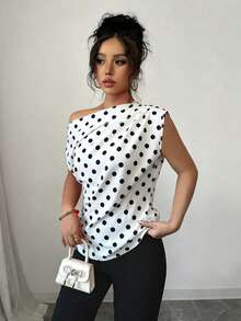 SHEIN Raffinéa Plus Size Women's Polka Dot Print Asymmetrical Shoulder Ruched Top - Black and White - View 4
