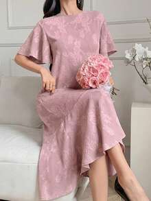 DAZY Spring Summer Round Neck Short Sleeve Pink Jacquard Floral Pattern Loose Fit Mid-Length Dress For Women - Pink - View 3
