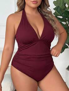 SHEIN CURVE+ 2026夏季大尺碼女款V領酒紅色螺紋抓皺收腹提臀連身泳衣 - 酒紅色 - 查看 3