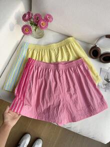SHEIN Tween女孩彩色夏季對比色膠帶短褲，2件套，返校季 - 彩色 - 查看 7